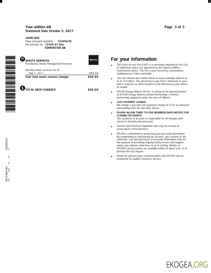 Canada Epcor electricity utility bill template in word and pdf format, 3 pages 3 template
